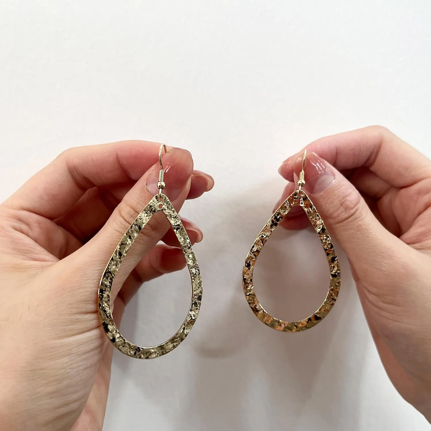 14K Gold Hammered Textured Large Teardrop Hoop Dangling Earrings for Women Bohemian Boho Statement Jewelry