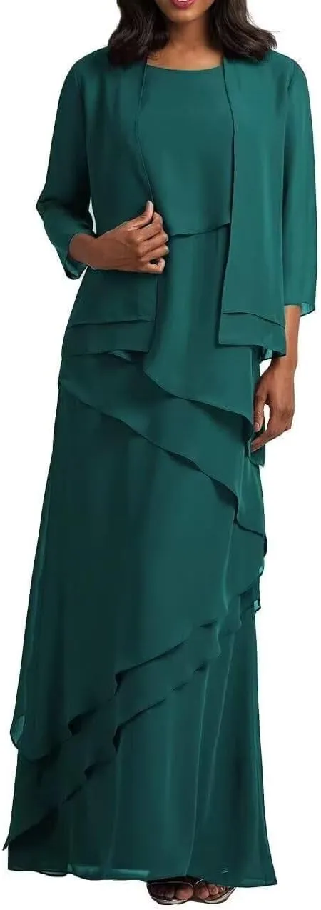 2-Pieces Mother of The Bride Dresses with Jacket Ruffle Chiffon Mother of Groom Dress Formal Evening Gowns