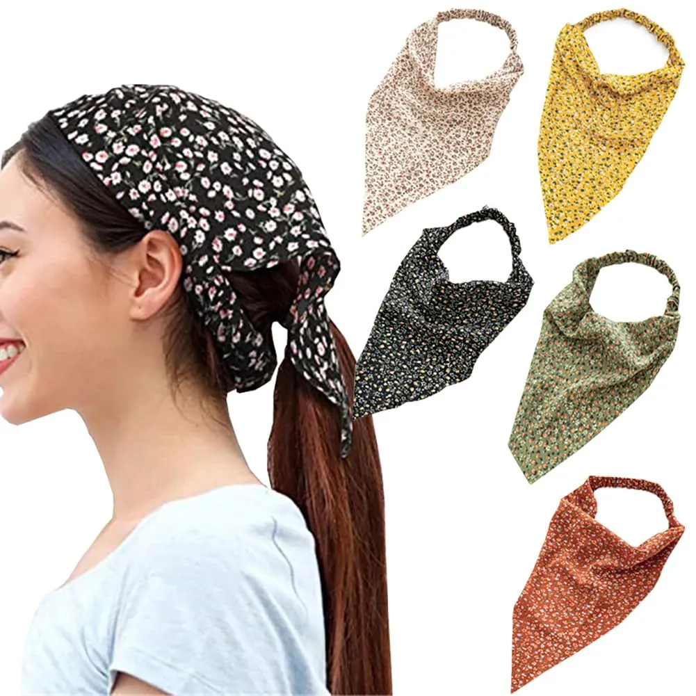 5 Pieces Boho Chiffon Elastic Hair Scarf Headband Floral Printed Hair Bandandas Flowy Hair Triangle Kerchief Scarves Turban for Women Girls (Colorful)