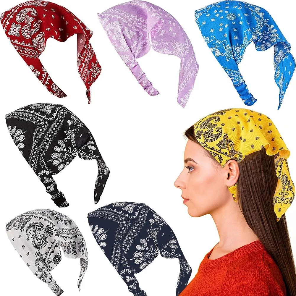7 Pieces Boho Head Kerchief Print Vintage Hair Bandanas Elastic Headband Scarfs Triangle Chiffon Hair Scarves Turban