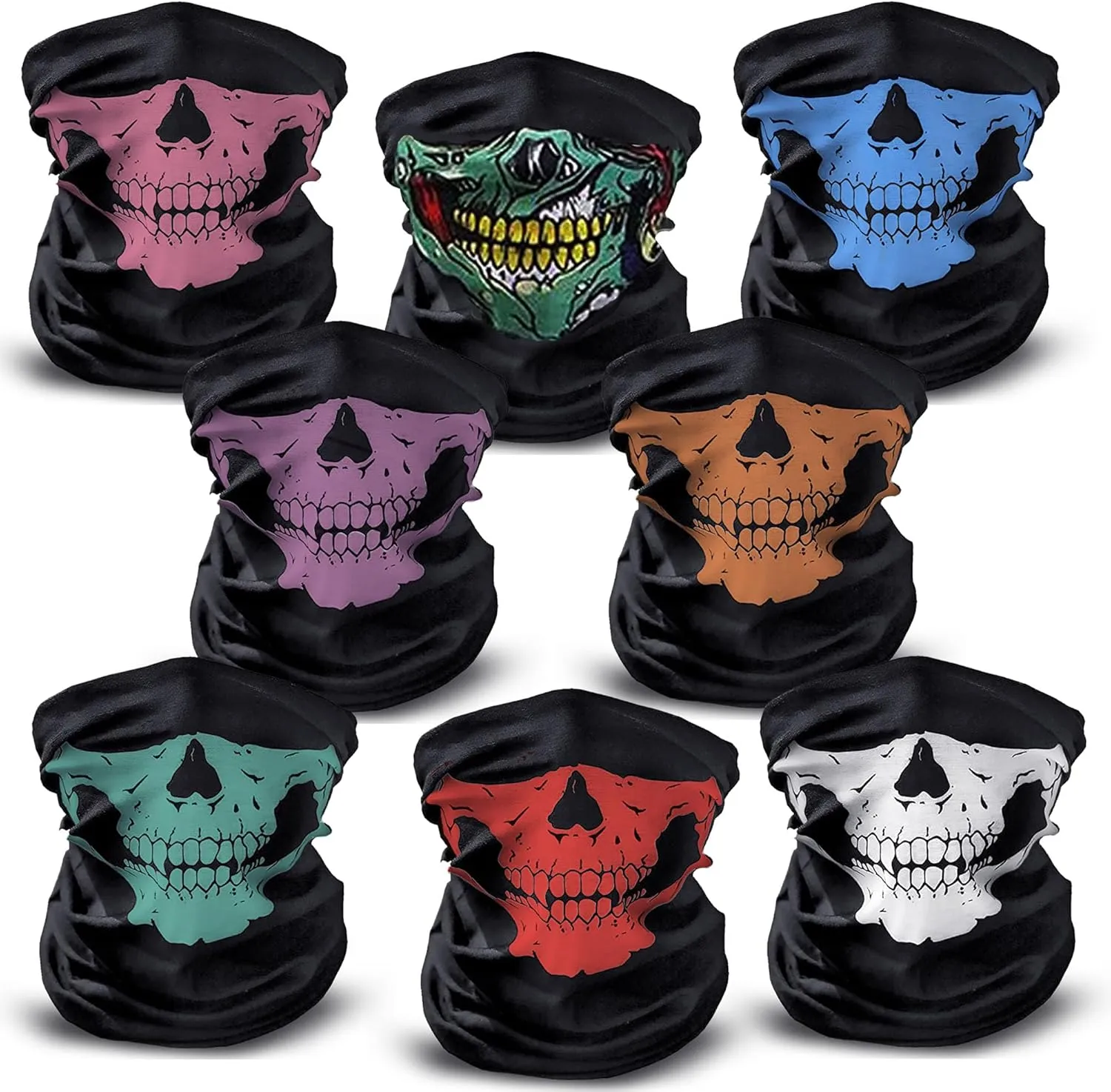 8 Pcs Skull Face Mask Balaclava Ghost Biker Bandana Motorcycle Headband Magic Scarf Dust proof Neck Warmer Winter Face Tube for Outdoor Sports