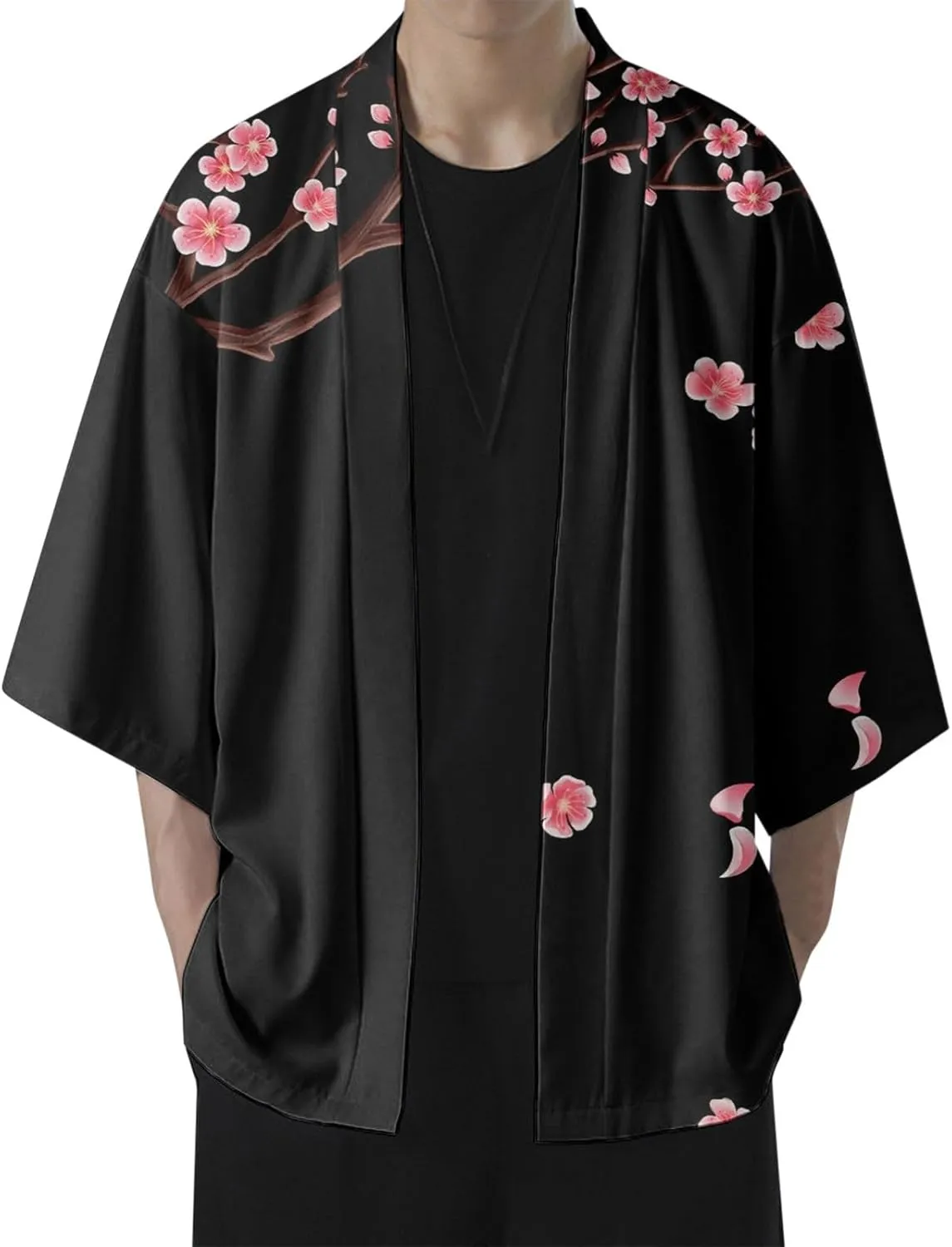 Alalaso Men's Kimono Cardigan Jacket 3/4 Sleeve Open Front Japanese Style Shirt Bathrobe Lightweight Coat Loose Outwear