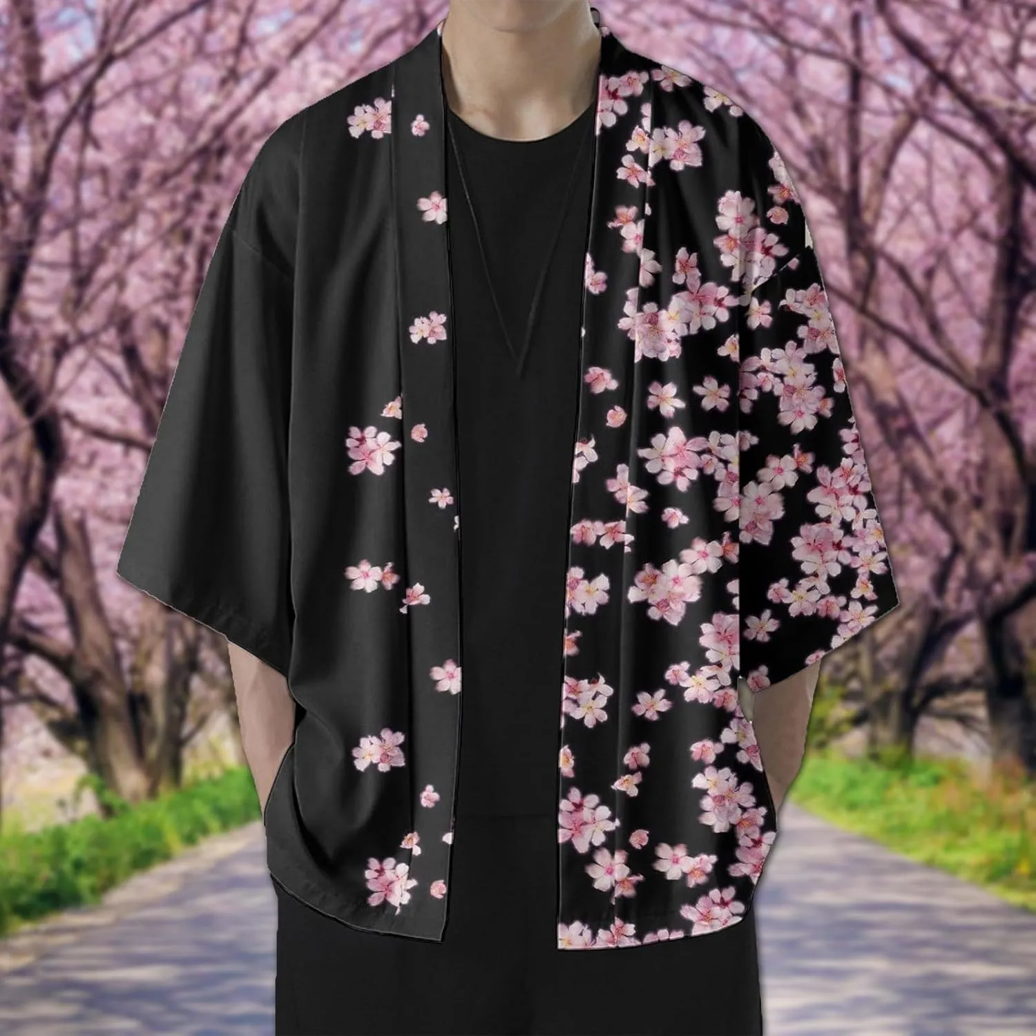 Alalaso Men's Kimono Cardigan Jacket 3/4 Sleeve Open Front Japanese Style Shirt Bathrobe Lightweight Coat Loose Outwear