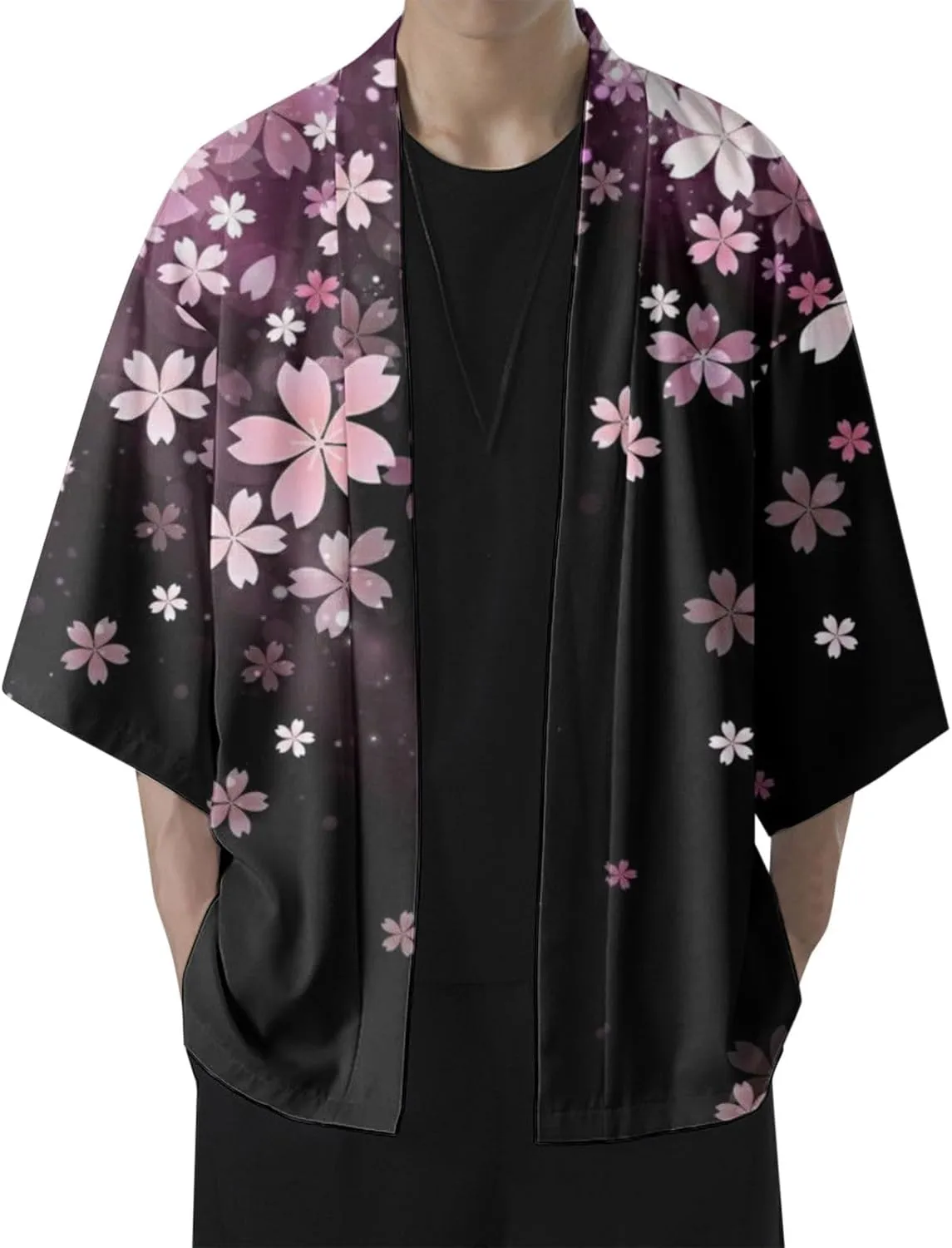 Alalaso Men's Kimono Cardigan Jacket 3/4 Sleeve Open Front Japanese Style Shirt Bathrobe Lightweight Coat Loose Outwear