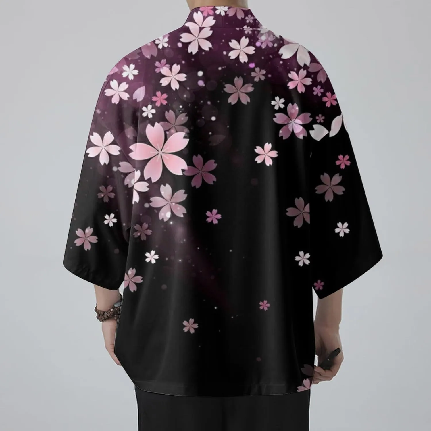 Alalaso Men's Kimono Cardigan Jacket 3/4 Sleeve Open Front Japanese Style Shirt Bathrobe Lightweight Coat Loose Outwear