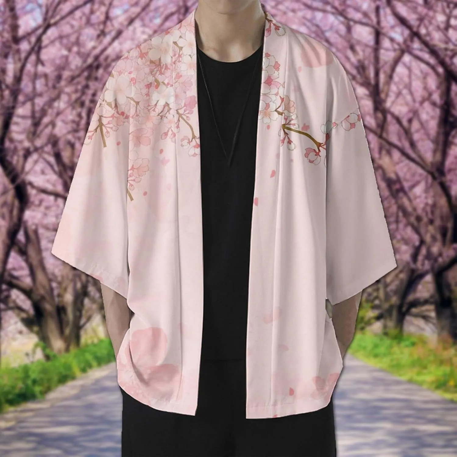 Alalaso Men's Kimono Cardigan Jacket 3/4 Sleeve Open Front Japanese Style Shirt Bathrobe Lightweight Coat Loose Outwear