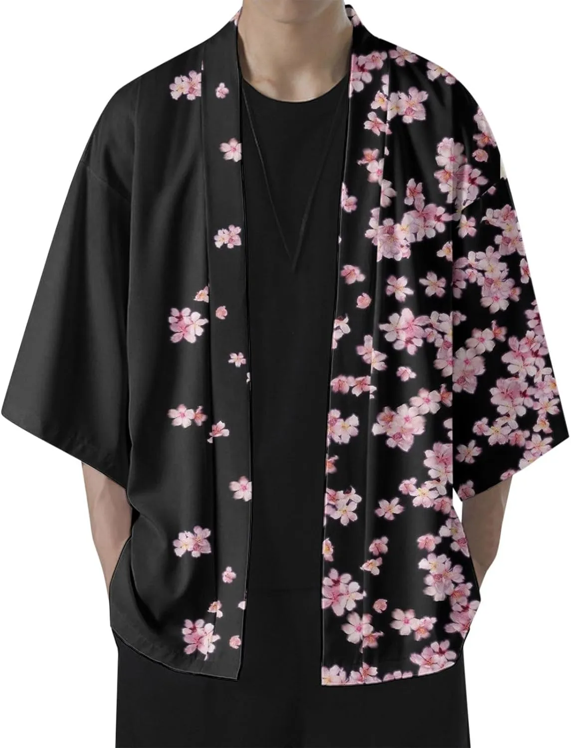 Alalaso Men's Kimono Cardigan Jacket 3/4 Sleeve Open Front Japanese Style Shirt Bathrobe Lightweight Coat Loose Outwear