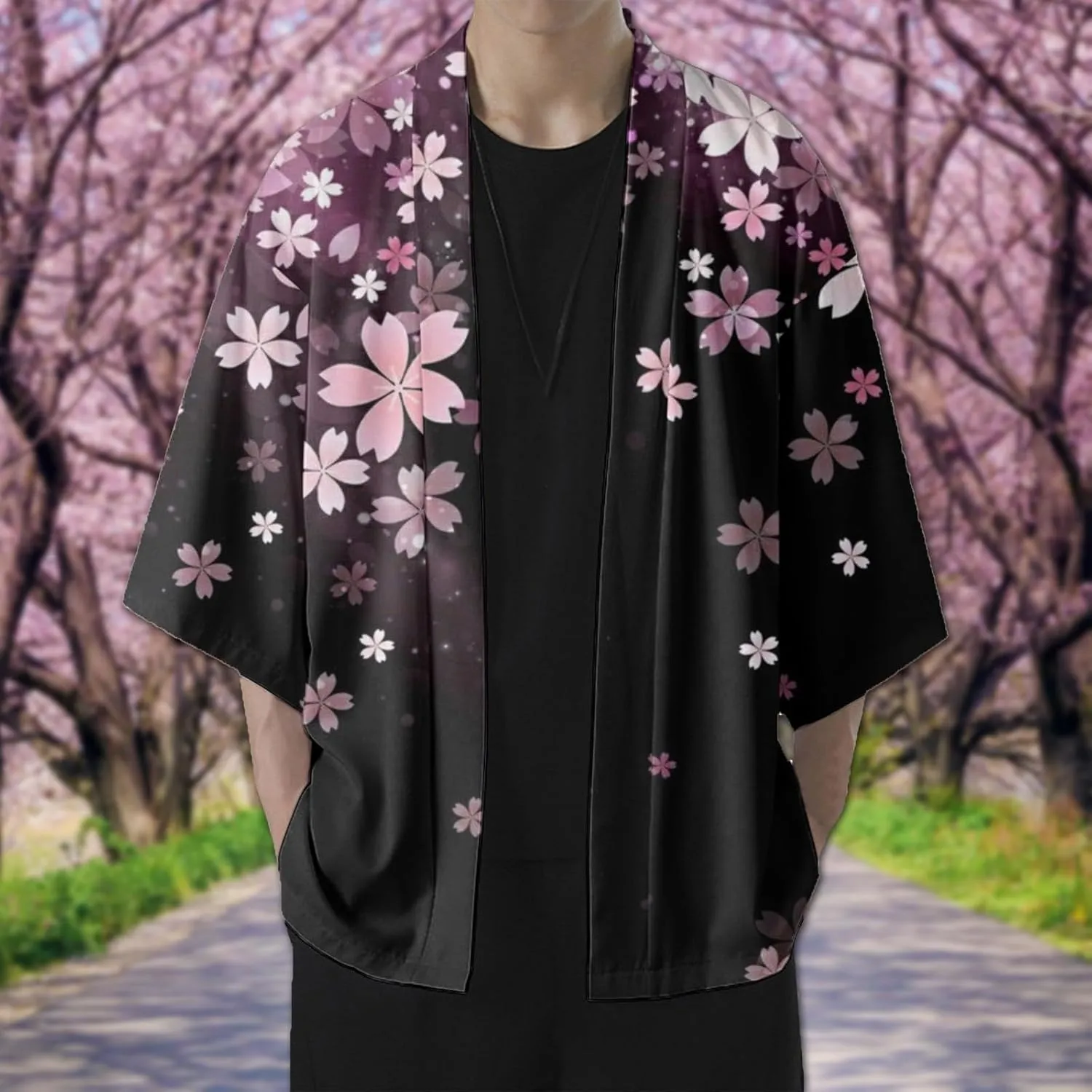 Alalaso Men's Kimono Cardigan Jacket 3/4 Sleeve Open Front Japanese Style Shirt Bathrobe Lightweight Coat Loose Outwear
