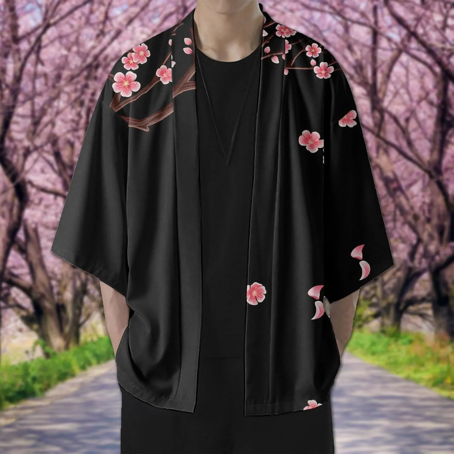 Alalaso Men's Kimono Cardigan Jacket 3/4 Sleeve Open Front Japanese Style Shirt Bathrobe Lightweight Coat Loose Outwear