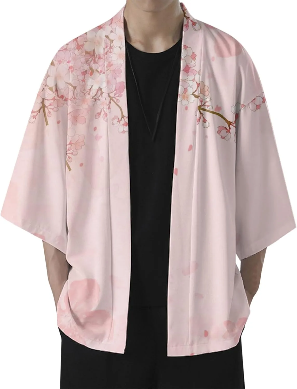 Alalaso Men's Kimono Cardigan Jacket 3/4 Sleeve Open Front Japanese Style Shirt Bathrobe Lightweight Coat Loose Outwear