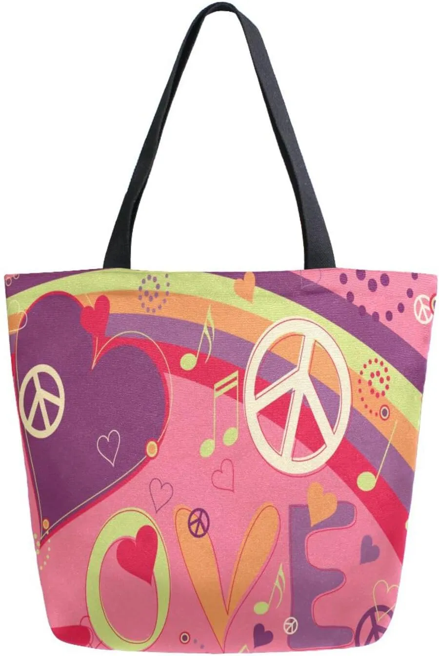 ALAZA Pink Love Peace and Hearts Canvas Tote Bag for Women Casual Shoulder Bag Handbag,Shopping Grocery Cotton Bag Reusable,Multipurpose,Heavy Duty for Outdoors Weekender Travel