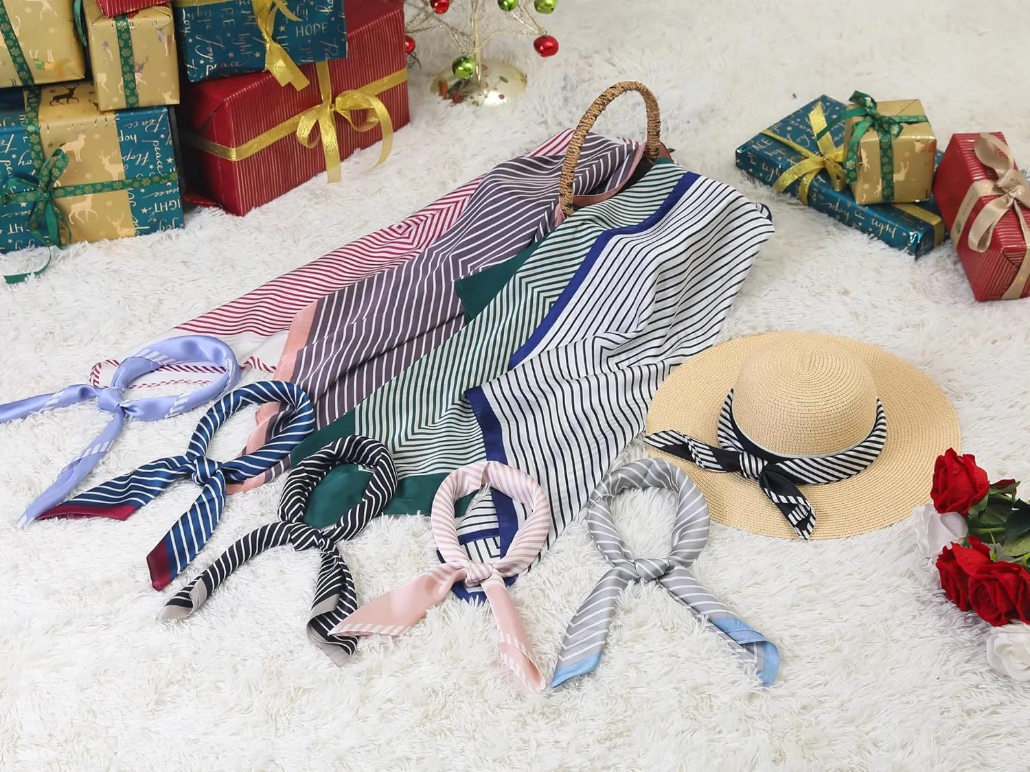 Allegra K 70cm Women Stripe Print Square Scarves Kerchief Neck Scarf Neckerchief Headband