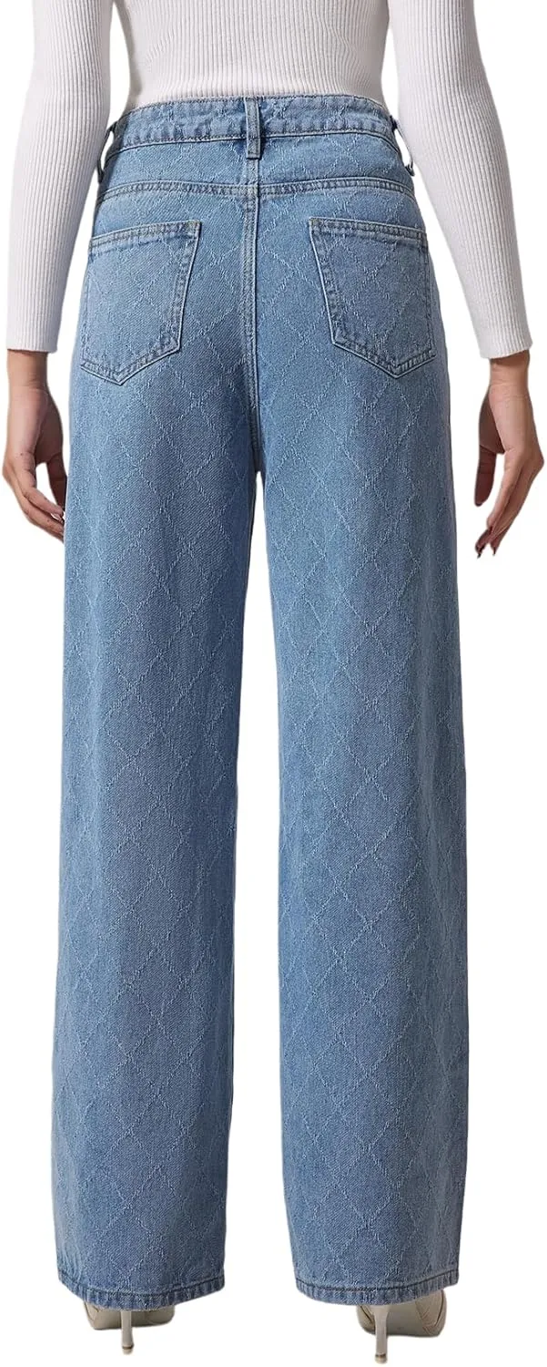 Allimy Womens Drawstring High Waist Wide Leg Jeans Straight Leg Washed Denim Jeans Pants