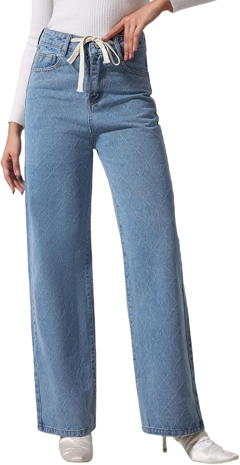 Allimy Womens Drawstring High Waist Wide Leg Jeans Straight Leg Washed Denim Jeans Pants