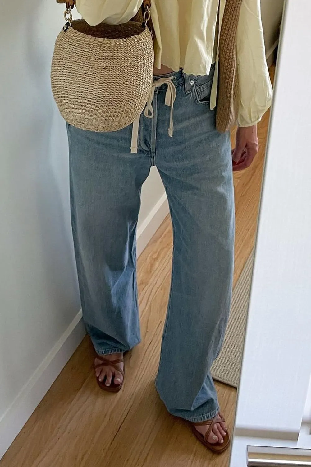 Allimy Womens Drawstring High Waist Wide Leg Jeans Straight Leg Washed Denim Jeans Pants