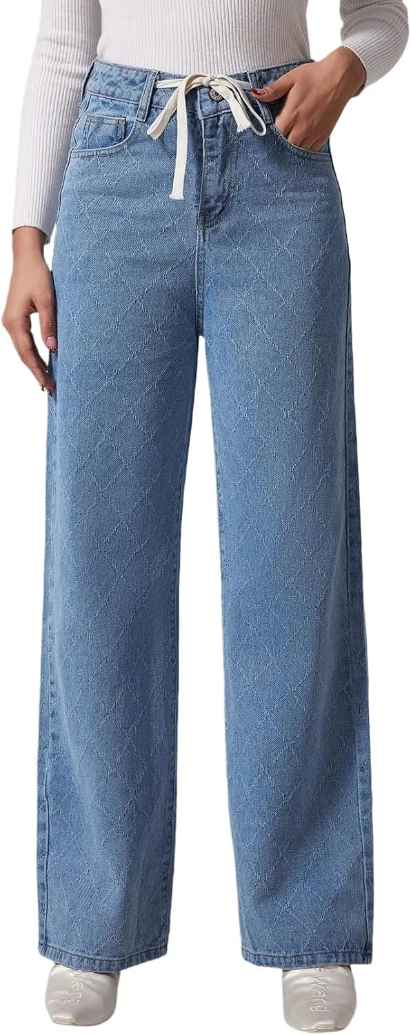 Allimy Womens Drawstring High Waist Wide Leg Jeans Straight Leg Washed Denim Jeans Pants