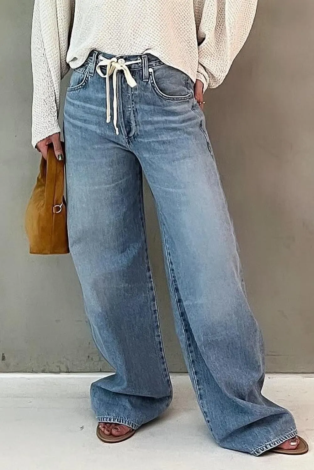 Allimy Womens Drawstring High Waist Wide Leg Jeans Straight Leg Washed Denim Jeans Pants