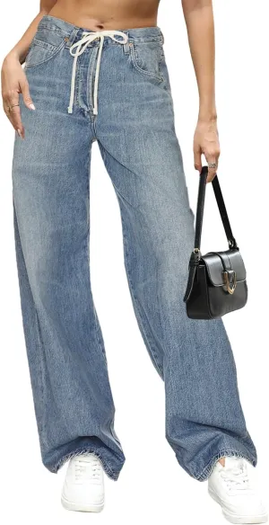 Allimy Womens Drawstring High Waist Wide Leg Jeans Straight Leg Washed Denim Jeans Pants