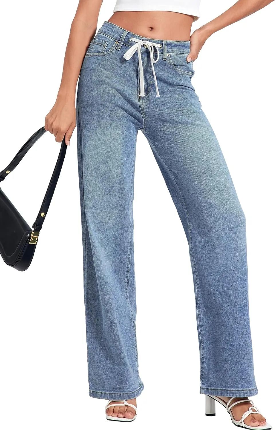 Allimy Womens Drawstring High Waist Wide Leg Jeans Straight Leg Washed Denim Jeans Pants
