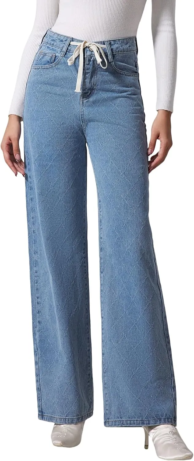 Allimy Womens Drawstring High Waist Wide Leg Jeans Straight Leg Washed Denim Jeans Pants