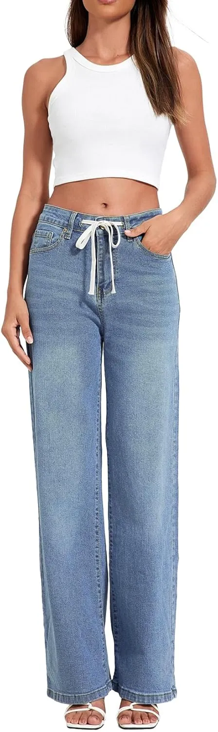 Allimy Womens Drawstring High Waist Wide Leg Jeans Straight Leg Washed Denim Jeans Pants