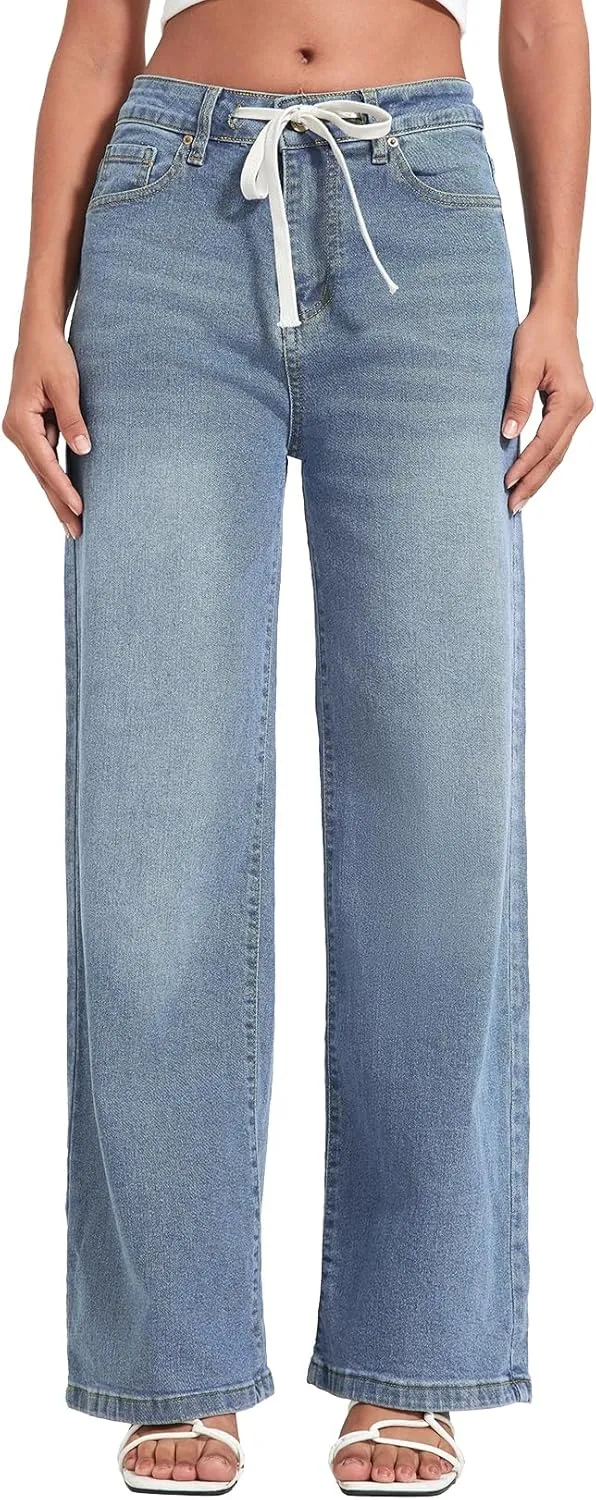 Allimy Womens Drawstring High Waist Wide Leg Jeans Straight Leg Washed Denim Jeans Pants