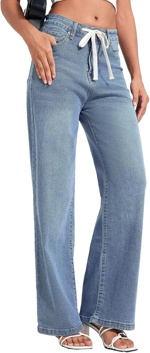Allimy Womens Drawstring High Waist Wide Leg Jeans Straight Leg Washed Denim Jeans Pants
