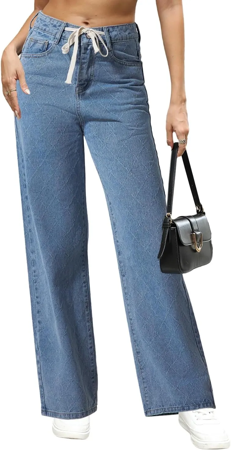 Allimy Womens Drawstring High Waist Wide Leg Jeans Straight Leg Washed Denim Jeans Pants