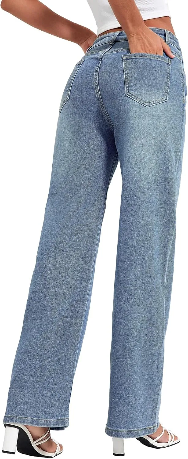 Allimy Womens Drawstring High Waist Wide Leg Jeans Straight Leg Washed Denim Jeans Pants