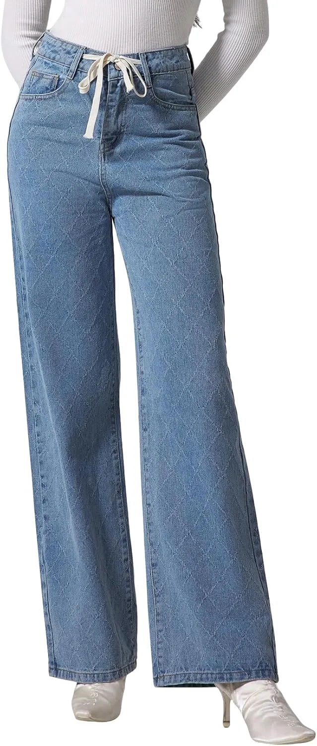 Allimy Womens Drawstring High Waist Wide Leg Jeans Straight Leg Washed Denim Jeans Pants