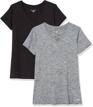 Amazon Essentials Women's Active Quick Dry Tech Stretch Short-Sleeve V-Neck T-Shirt (Available in Plus Size), Pack of 2