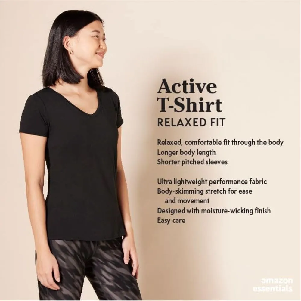 Amazon Essentials Women's Active Quick Dry Tech Stretch Short-Sleeve V-Neck T-Shirt (Available in Plus Size), Pack of 2