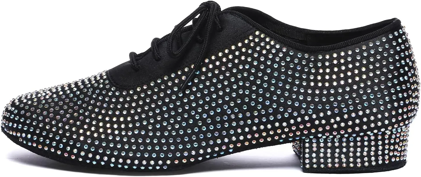 AOQUNFS Men's Latin Dance Shoes Black Rhinestones Ballroom Tango Salsa Character Shoes for Boys,Model L605