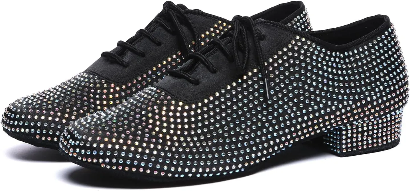 AOQUNFS Men's Latin Dance Shoes Black Rhinestones Ballroom Tango Salsa Character Shoes for Boys,Model L605