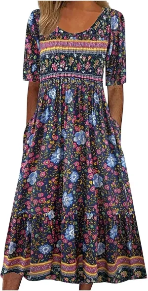 Apvirdy Women's Bohemian Floral Beach Dress Crewneck Short Sleeve Flowy Dresses Colorful Summer Dress