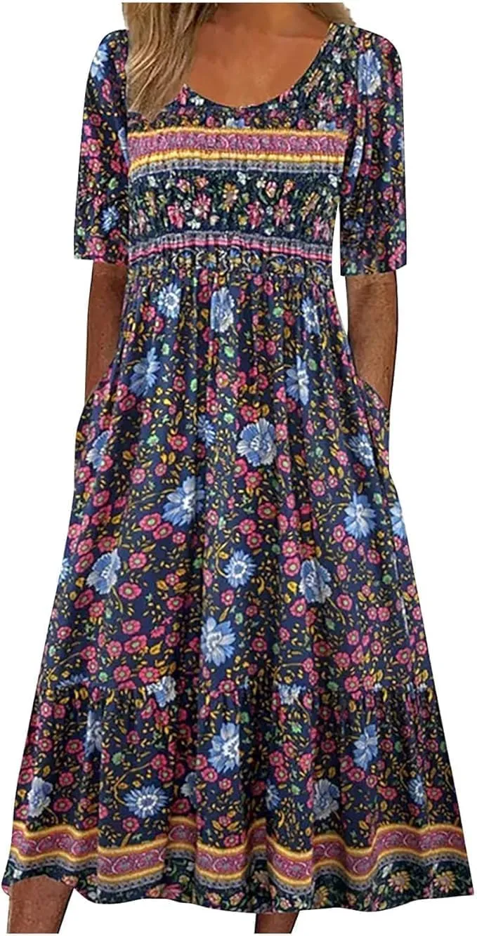 Apvirdy Women's Bohemian Floral Beach Dress Crewneck Short Sleeve Flowy Dresses Colorful Summer Dress