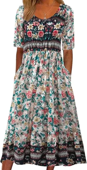 Apvirdy Women's Bohemian Floral Beach Dress Crewneck Short Sleeve Flowy Dresses Colorful Summer Dress