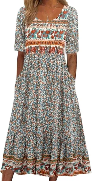 Apvirdy Women's Bohemian Floral Beach Dress Crewneck Short Sleeve Flowy Dresses Colorful Summer Dress