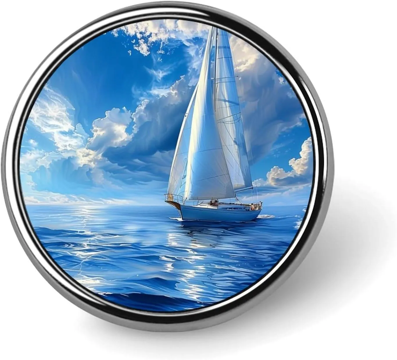 Art Blue Ocean Sailboat Round Brooch Pin Badge Lapel Tie Pin for Women Men Office Worker Teacher Decor