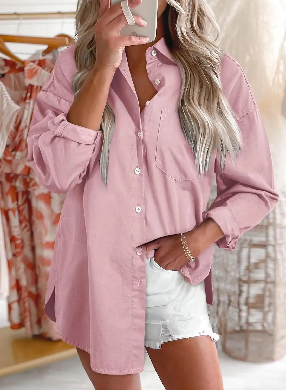 Astylish Women Denim Shirts Button Down Blouse V Neck Casual Tops