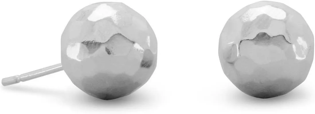 Ball Post Stud Earrings Polished Hammered Sterling Silver - 10mm