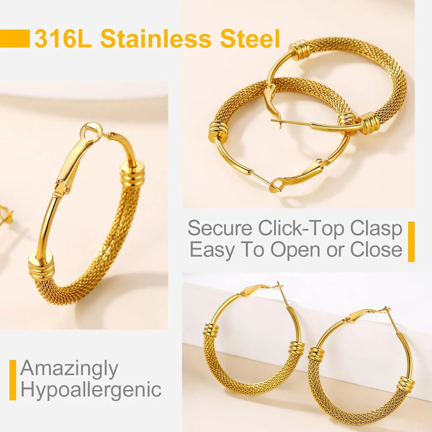 Bandmax Womens Bamboo Hoop Earrings 30MM/40MM/60MM/80MM Big Huggie Hoop Earrings Stainless Steel/Gold Plated/Black Hypoallergenic Hip Hop Earrings for Women