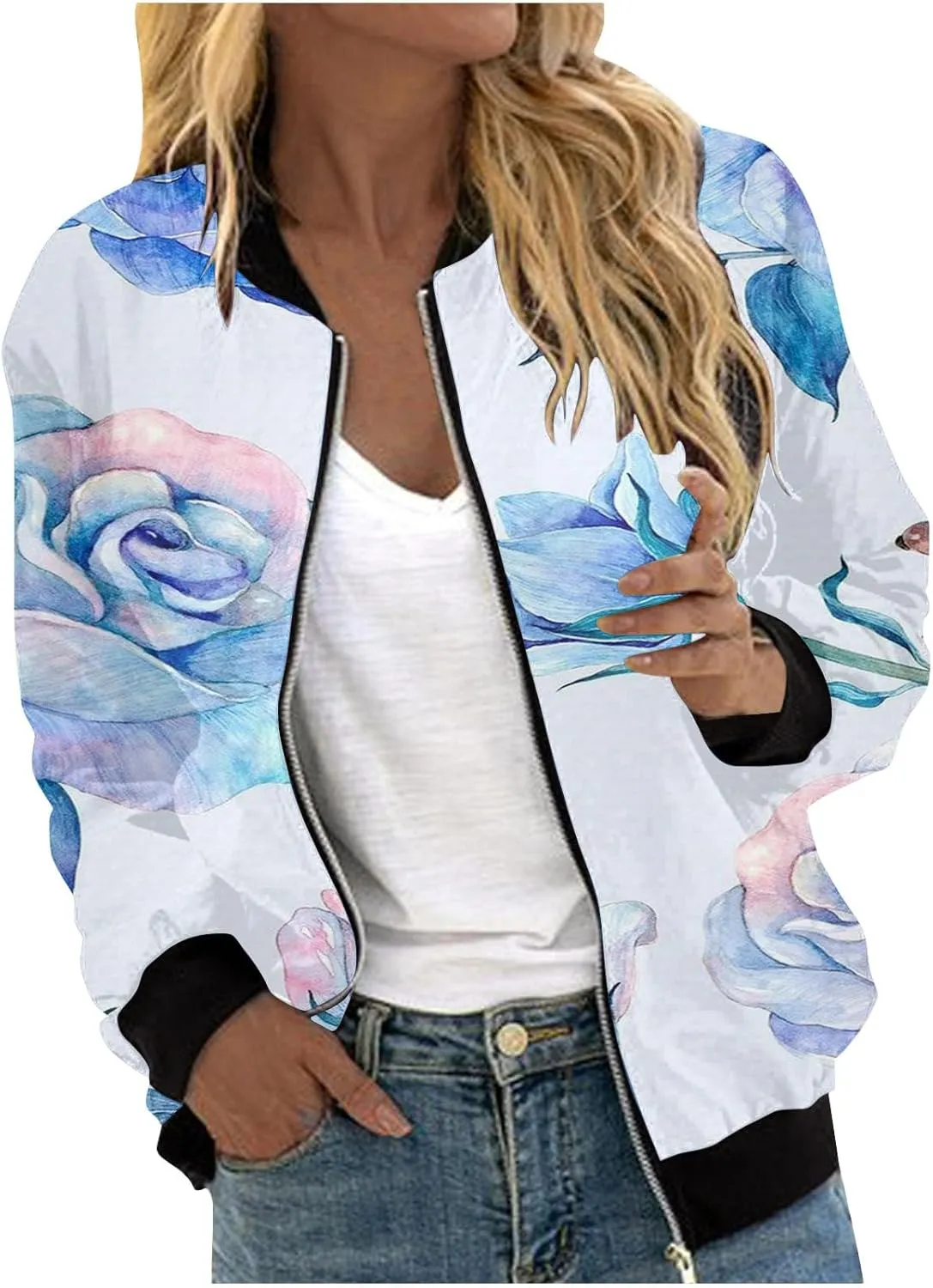 Baseball Jacket Coat for Women Thin Pocket Jacket Blouse Varsity Coat Baseball Top Floral Jackets for Women Fall 2024