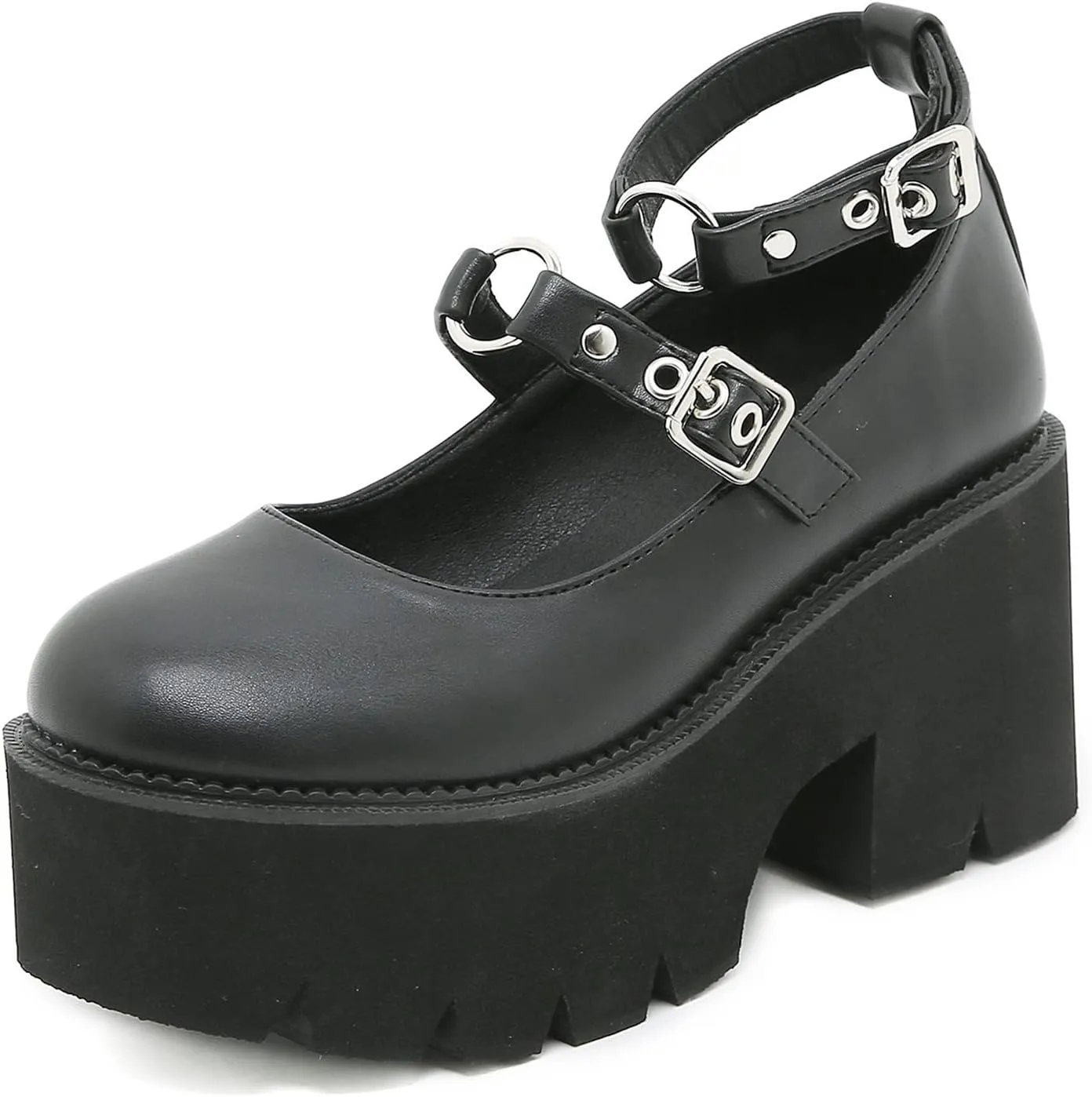 bbruriy Womens Marry Jane Platform Shoes Round Toe Chunky Heel Uniform Dress Pumps Lolita Shoes with Double Ankle Strap and Rivet Decoration
