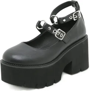 bbruriy Womens Marry Jane Platform Shoes Round Toe Chunky Heel Uniform Dress Pumps Lolita Shoes with Double Ankle Strap and Rivet Decoration