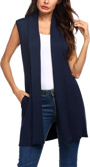 Beyove Womens Long Vests Sleeveless Draped Lightweight Open Front Cardigan Layering Vest with Side Pockets