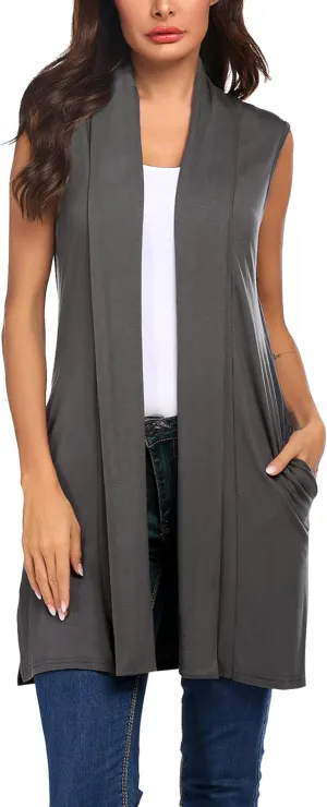 Beyove Womens Long Vests Sleeveless Draped Lightweight Open Front Cardigan Layering Vest with Side Pockets