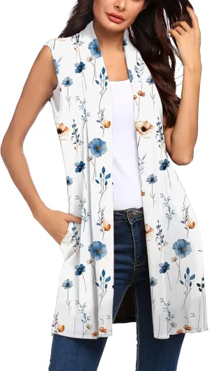 Beyove Womens Long Vests Sleeveless Draped Lightweight Open Front Cardigan Layering Vest with Side Pockets