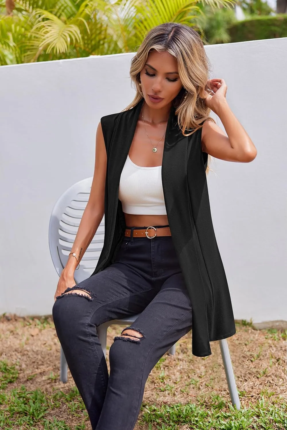 Beyove Womens Long Vests Sleeveless Draped Lightweight Open Front Cardigan Layering Vest with Side Pockets