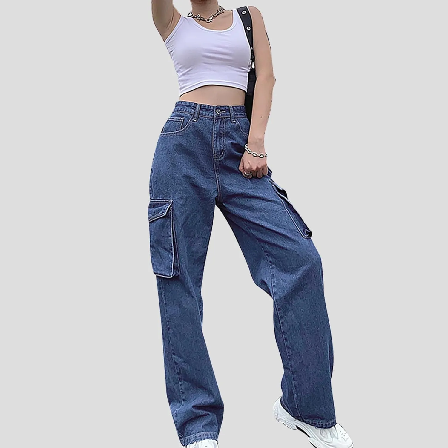 Bidobibo Womens Jeans Straight Leg Pull On Flare Denim Pants High Waisted Jeans for Women Tummy Control Baggy Jeans Y2K